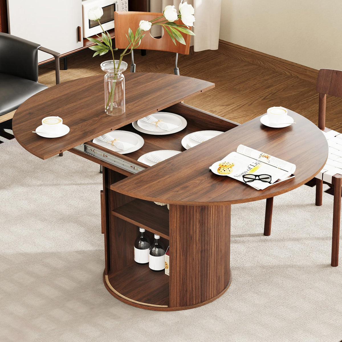 41 in-78 in Extendable Dining Room Table for 4-8, Round Expandable Kitchen Table with Fluted Base, Modern Farmhouse Oval Dinner Tables for Dining Room Kitchen Living Room (Walnut)