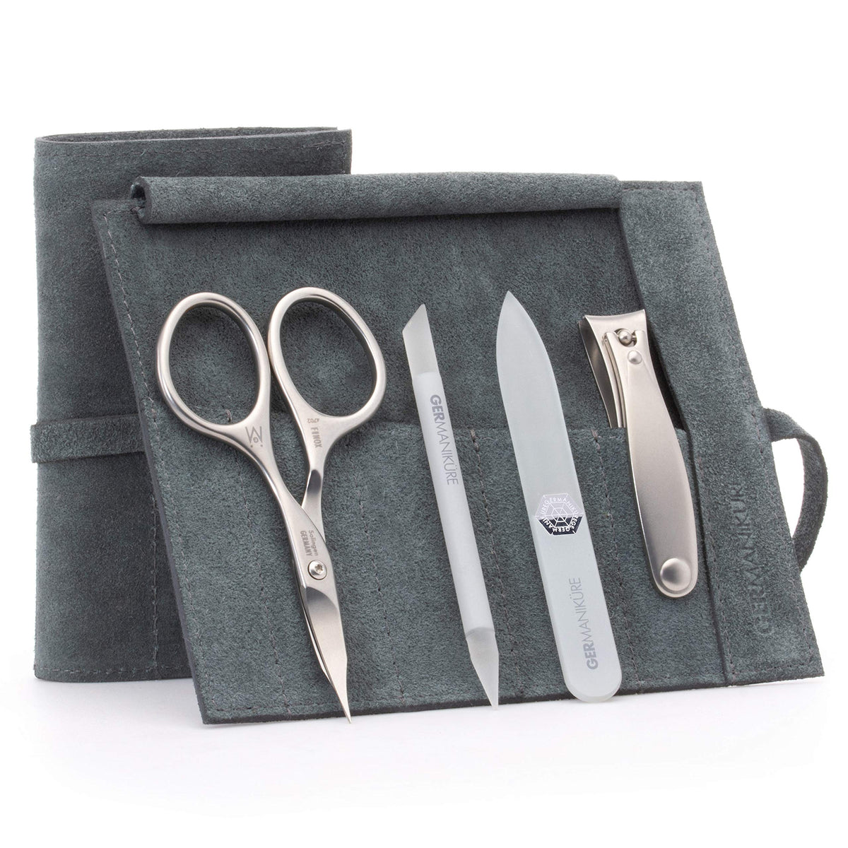 GERMANIKURE 7pc Manicure & Pedicure Set, FINOX Steel, Purple Leather Roll
