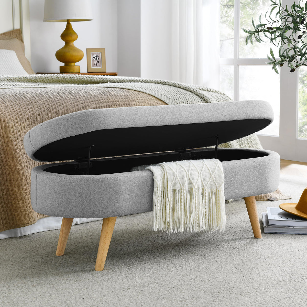43.5" Ottoman with Storage, Storage Ottoman Bench with Safety Hinge, Bed End Bench, Upholstered Entryway Bench for Bedroom, Living Room & Window, Holds up to 330 lb, Beige