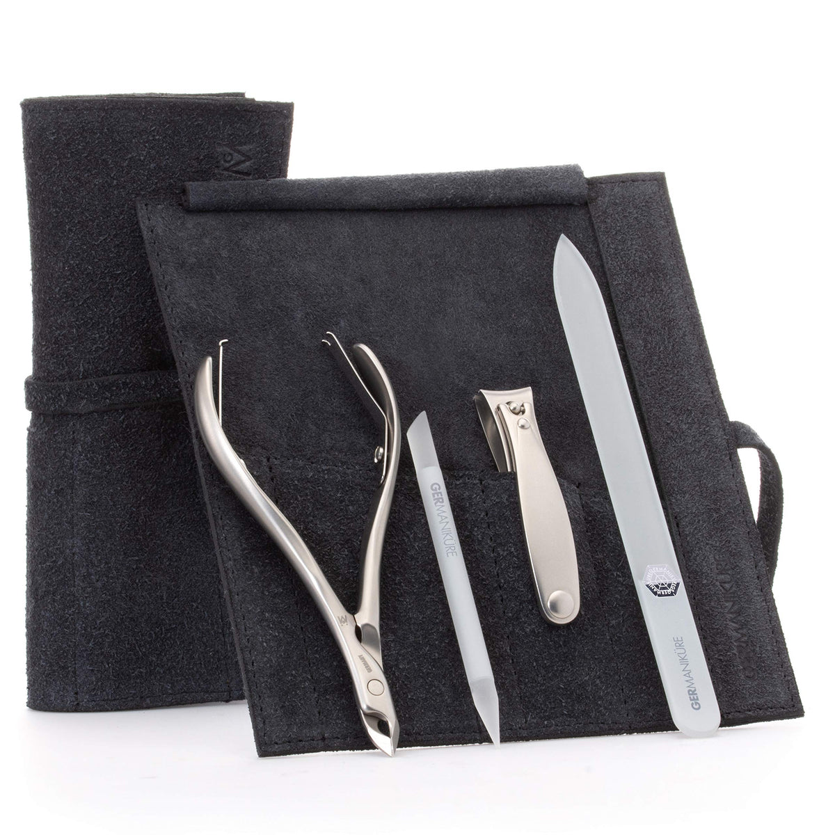 GERMANIKURE 7pc Manicure & Pedicure Set, FINOX Steel, Purple Leather Roll