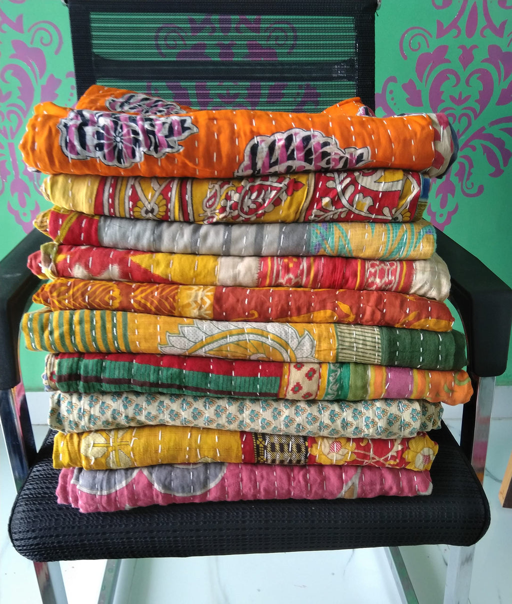 Handmade Vintage Kantha Quilt 3-Layer Cotton Blanket, Bohemian Kantha Throw, Reversible Patchwork Gudari Blanket for Bed, Couch, Sofa (54 x 84 1pices)
