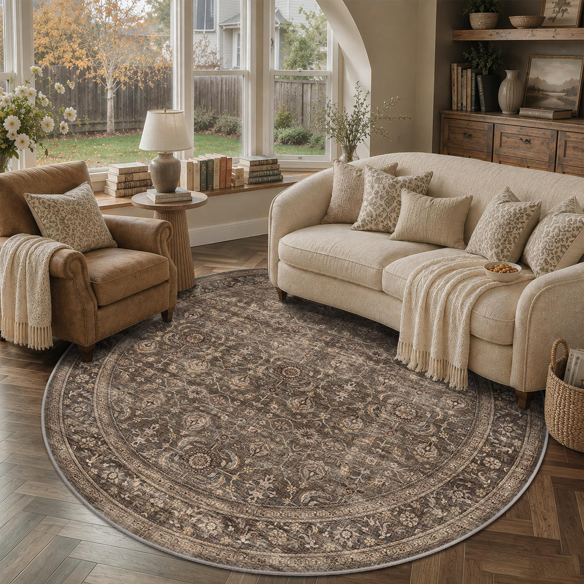 JOOJA 8x10 Dark Brown Vintage Soft Low Pile Non Slip Boho Washable Area Rug