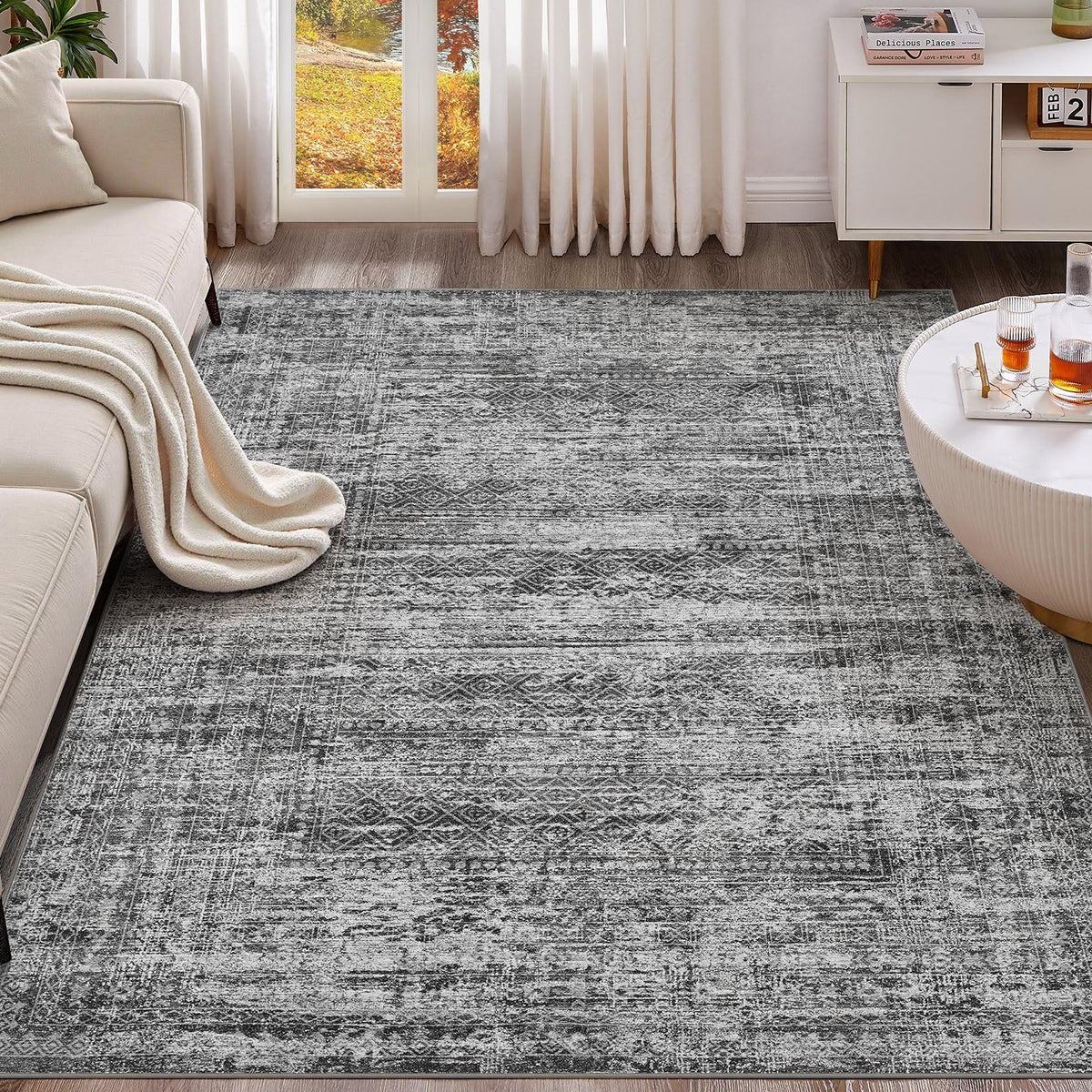 UERMEI 9x12 Area Rug Living Room Rugs - Washable Neutral Modern Abstract Soft Thin Large Rug Indoor Floor No Slip Rug Carpet for Bedroom Under Dining Table Home Office Decor - Brown Grey