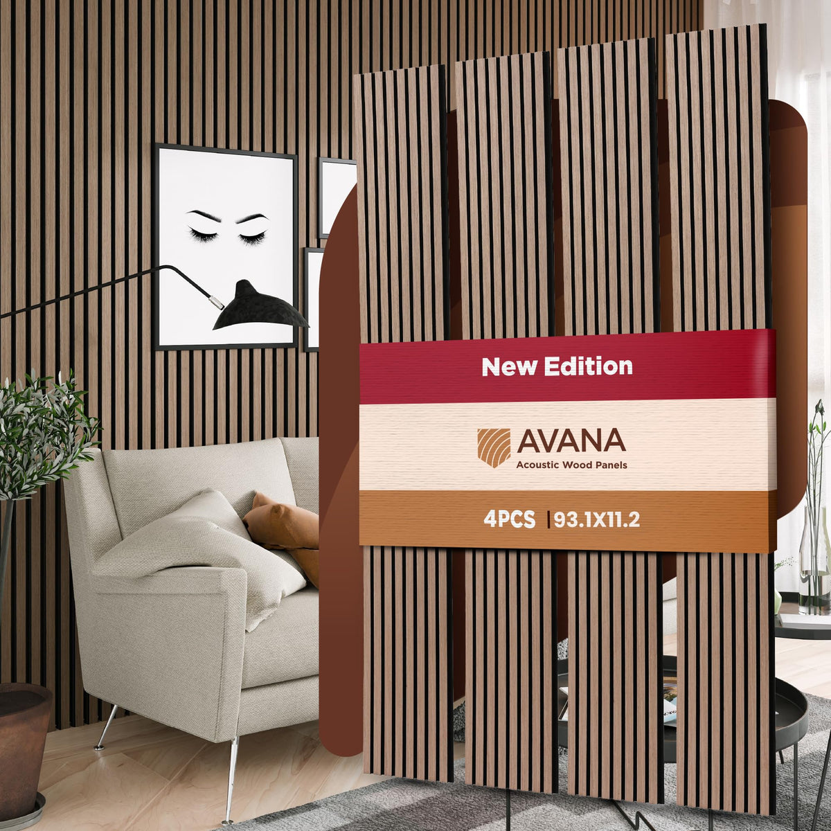 Avana Acoustic Wood Wall Panels – 93.2x11.25 Inch Panels – Fits 94x12 Layout – Rustic Walnut Acoustic Panels 4 PCs –Wall Panels For Interior Wall Decor For Homes, Offices – Durable Wood Panel For Wall