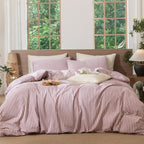 MooMee Striped Duvet Cover Set 100% Washed Cotton Linen Like Queen