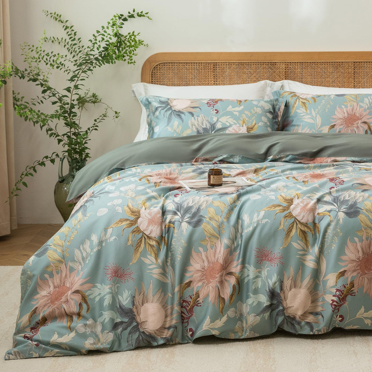 MILDLY White Floral Green Leaves Luxury Duvet Cover Set 3pcs King