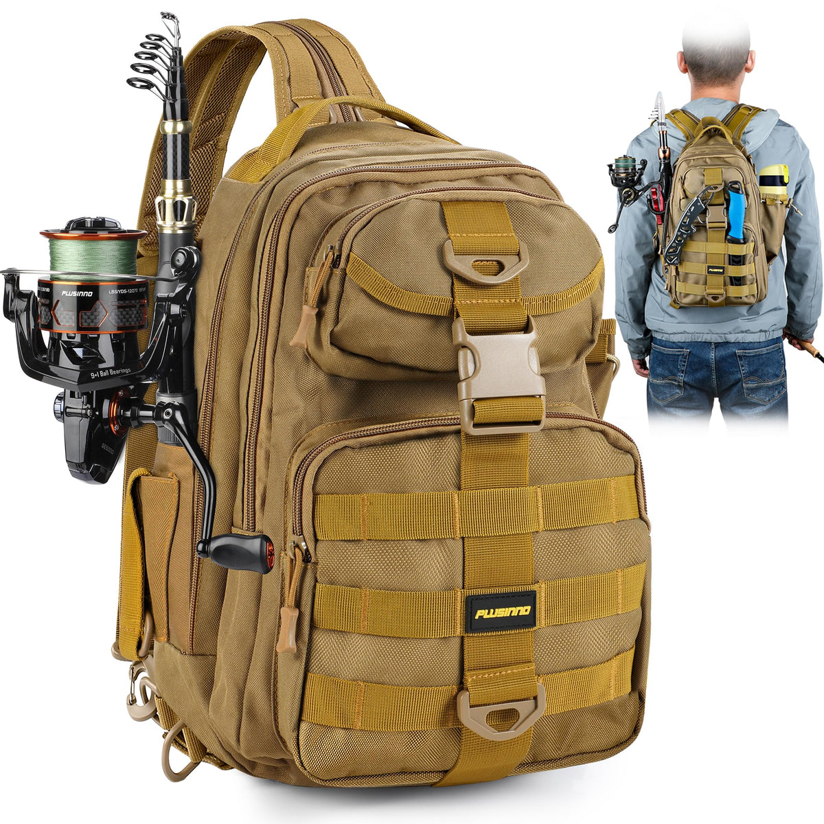 PLUSINNO Fishing Backpack with Rod & Reel Combos, Fishing Gear Kit