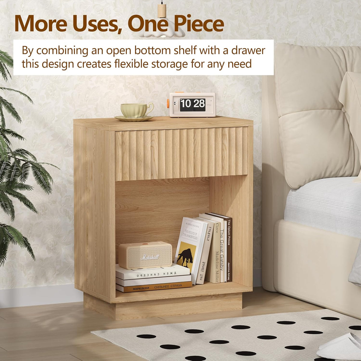 Fluted Nightstands Set of 2, Mid Century Bedside End Side Table