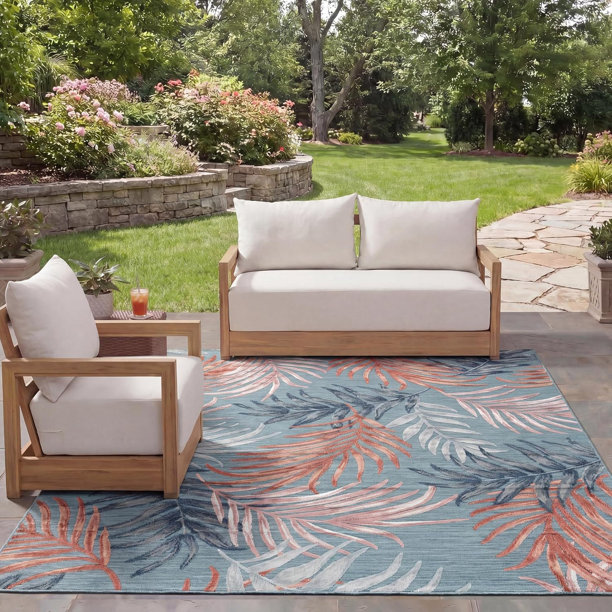 SAFAVIEH Washable Rug Outdoor Cabana Collection - 6'5" x 9'6", Blue & Rust, Non-Shedding & Easy to Clean, Ideal for Patio, Backyard, Mudroom (CBN458M)