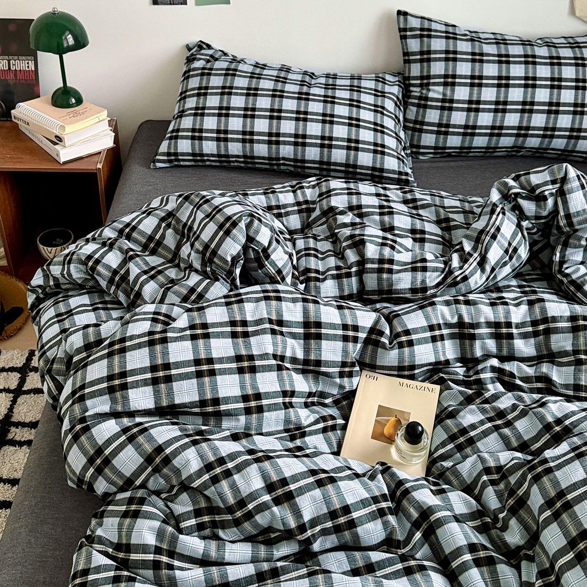 EAVD Vintage Buffalo Plaid Duvet Cover Queen Red&Black&Green Muslin Cotton