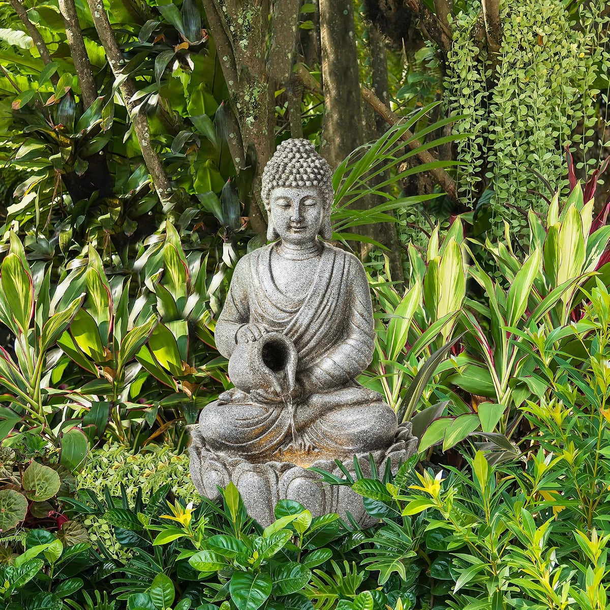 Glitzhome Buddha Statues, 20.5"H Zen Style Outdoor Buddha Fountian with LED Light & Pump, Outdoor Floor Freestanding Fountain Meditative Garden Buddha Sculptures & Statues for Garden Porch Lawn Decor