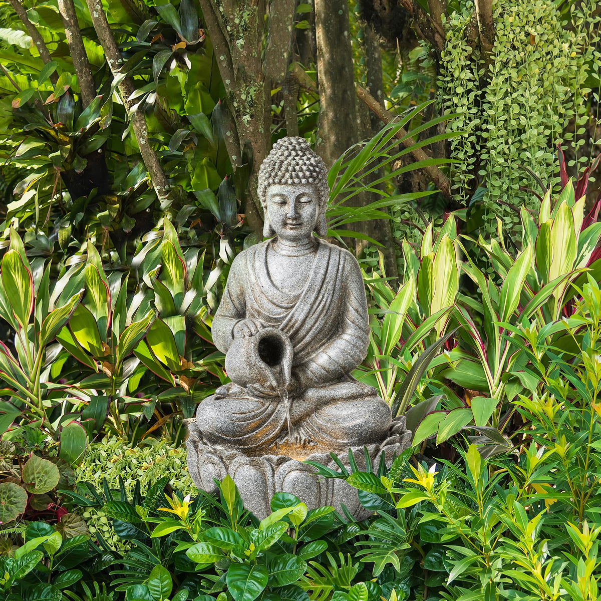 Glitzhome Buddha Statues, 20.5"H Zen Style Outdoor Buddha Fountian with LED Light & Pump, Outdoor Floor Freestanding Fountain Meditative Garden Buddha Sculptures & Statues for Garden Porch Lawn Decor