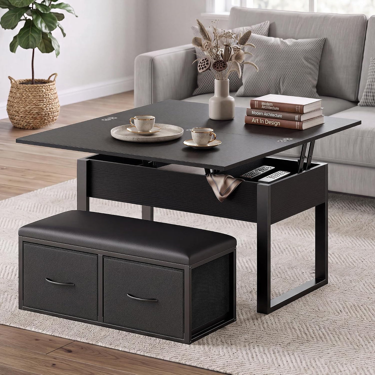 Lift Top Coffee Table with Storage Bench, Black