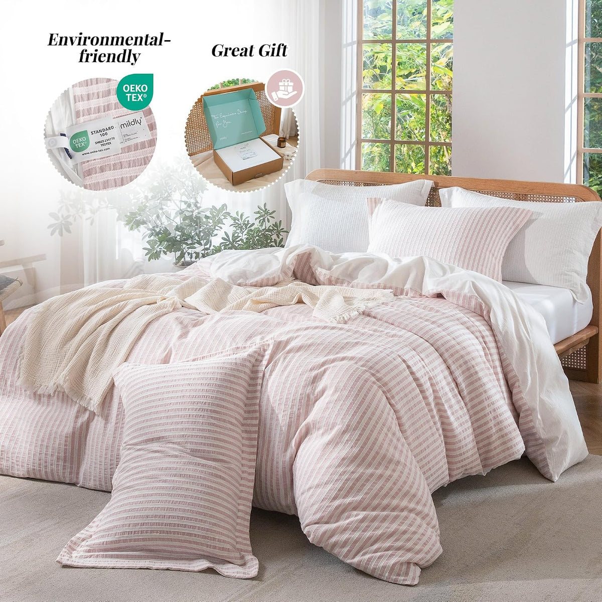 MILDLY Jacquard Striped Duvet Cover Set 3pcs Dual Zipper Pink Queen