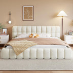 Grounded Bed Upholstered Platform Bed with Unique Design Thick Fabric Headboard, Wood Platform Bed Frame for Kids Adults Bedroom Furniture, Upholstered Floor Bed (Beige-1, King)