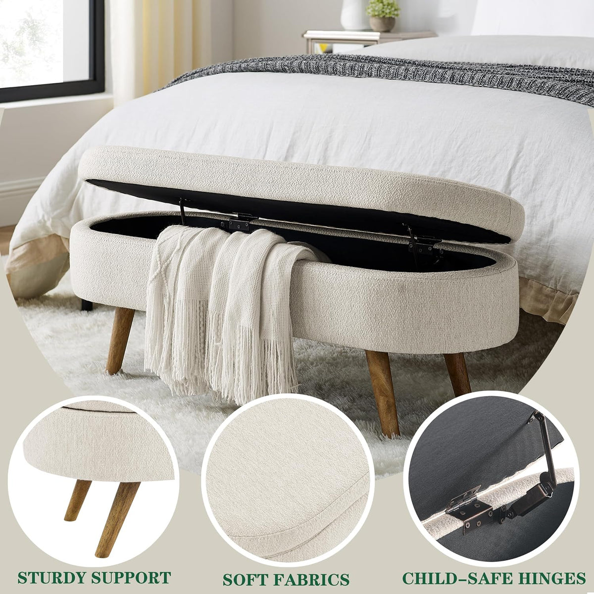 43.5" Ottoman with Storage, Storage Ottoman Bench with Safety Hinge, Bed End Bench, Upholstered Entryway Bench for Bedroom, Living Room & Window, Holds up to 330 lb, Beige