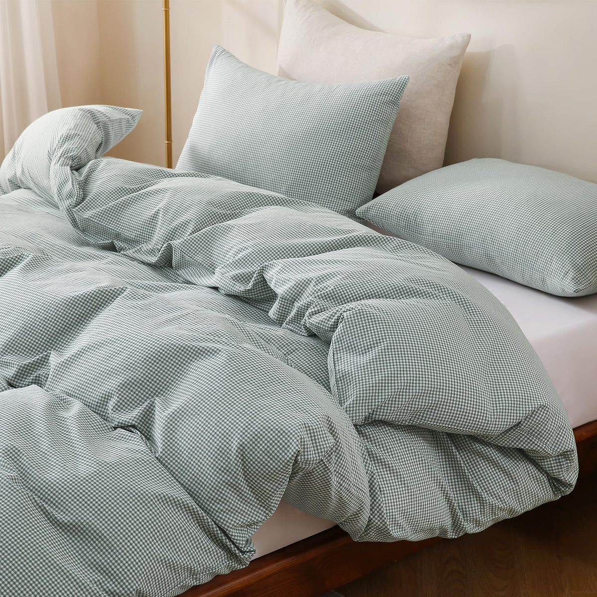 TOCOMOA Tan Gingham Duvet Cover Set Washed Cotton Like Linen, Cal King