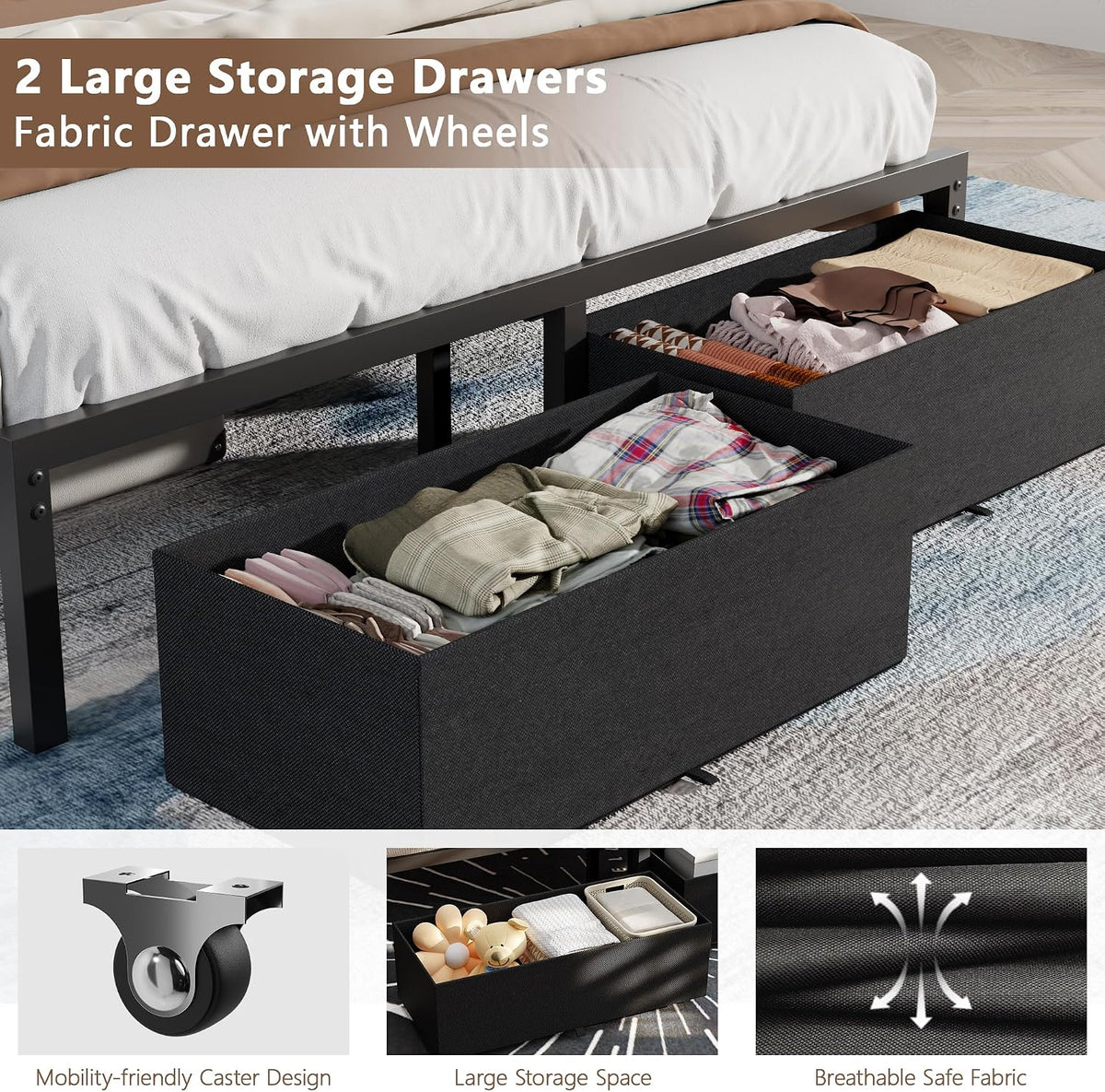 Furnulem Twin Bed Frames with Storage Drawers and Upholstered Headboard