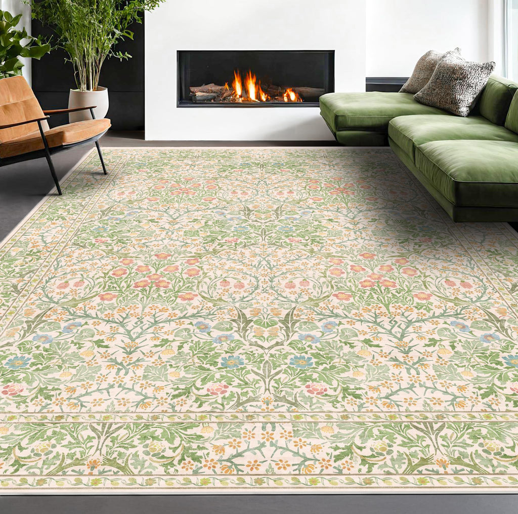 Floral Dark Green Washable Area Rugs 8x10, Vintage Living Room Rug