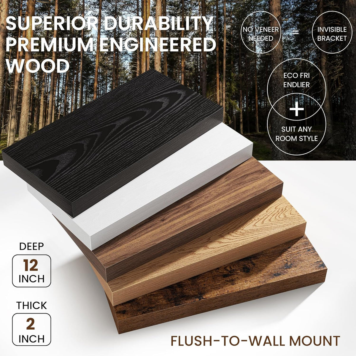 30Inch Oak Floating Shelves for Wall, 12 Inch Deep Shelves for Bedroom, Kitchen, Bathroom Wall Mounted, Rustic Wood Floating Shelf with Invisible Brackets for Books, Storage, Decor, 2 Packs