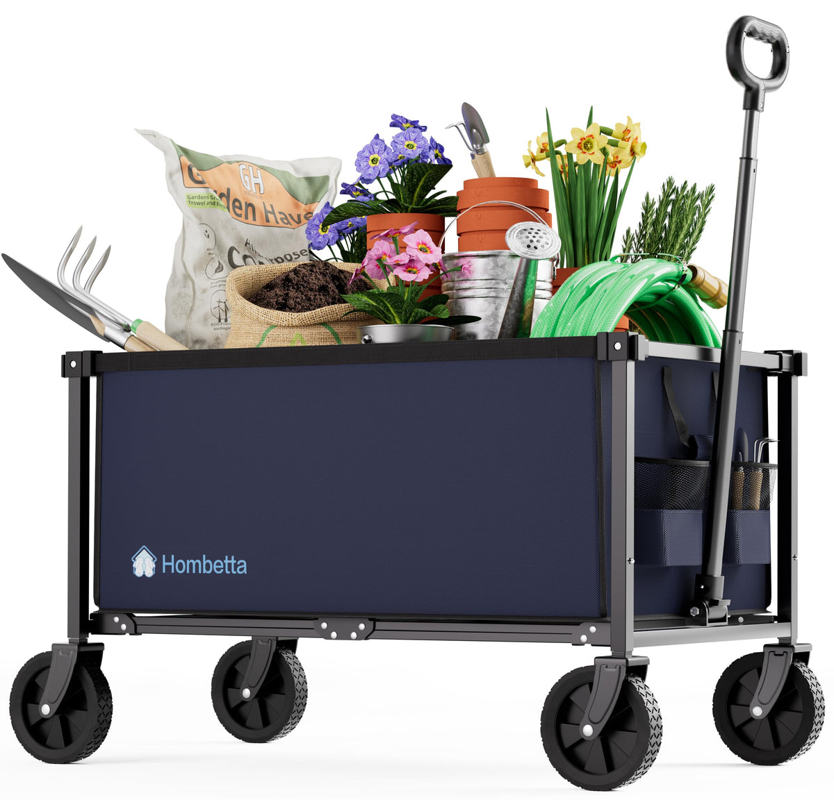 52" Heavy Duty Double Decker Wagon, 650L Collapsible Folding Wagon Cart with Brakes, 560 lbs Load, All-Terrain Big Wheels for Camping, Fishing, Sports and Transport, Black
