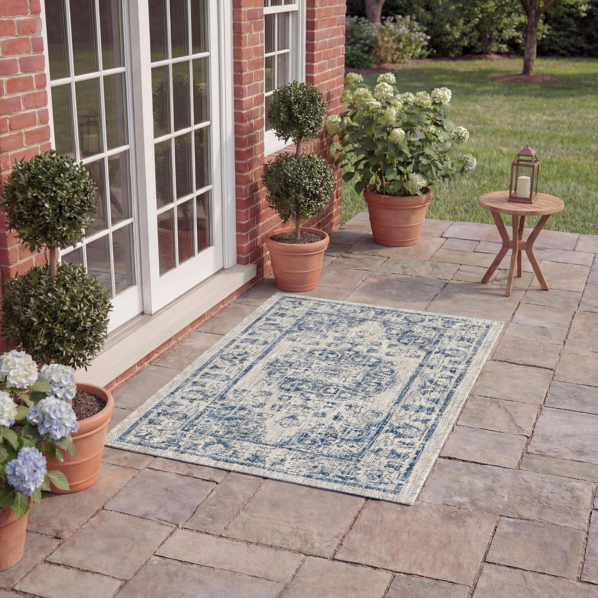 SAFAVIEH Washable Rug Outdoor Courtyard Collection - 6'7" Square, Grey & Navy, Non-Shedding & Easy Cleaning, Ideal for Patio, Backyard, Mudroom (CY8679-368)