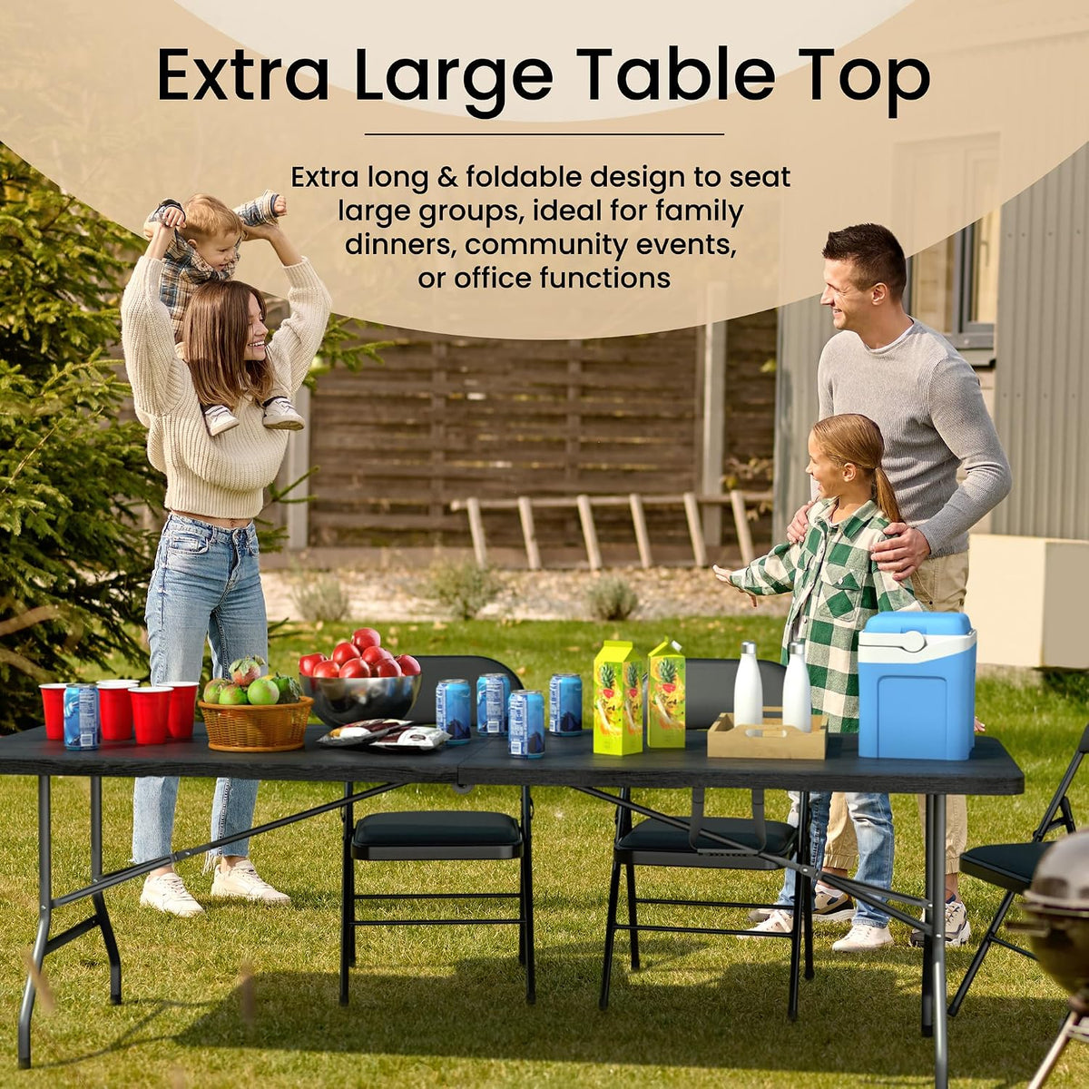 Our Modern Space 8 Feet Foldable Table with Built in Handle & Steel Legs | 8 FT Heavy Duty Portable | Perfect for Party, Dining, Wedding, Events, Picnic Indoor, Outdoor, Camping, Temporary - 8 Foot