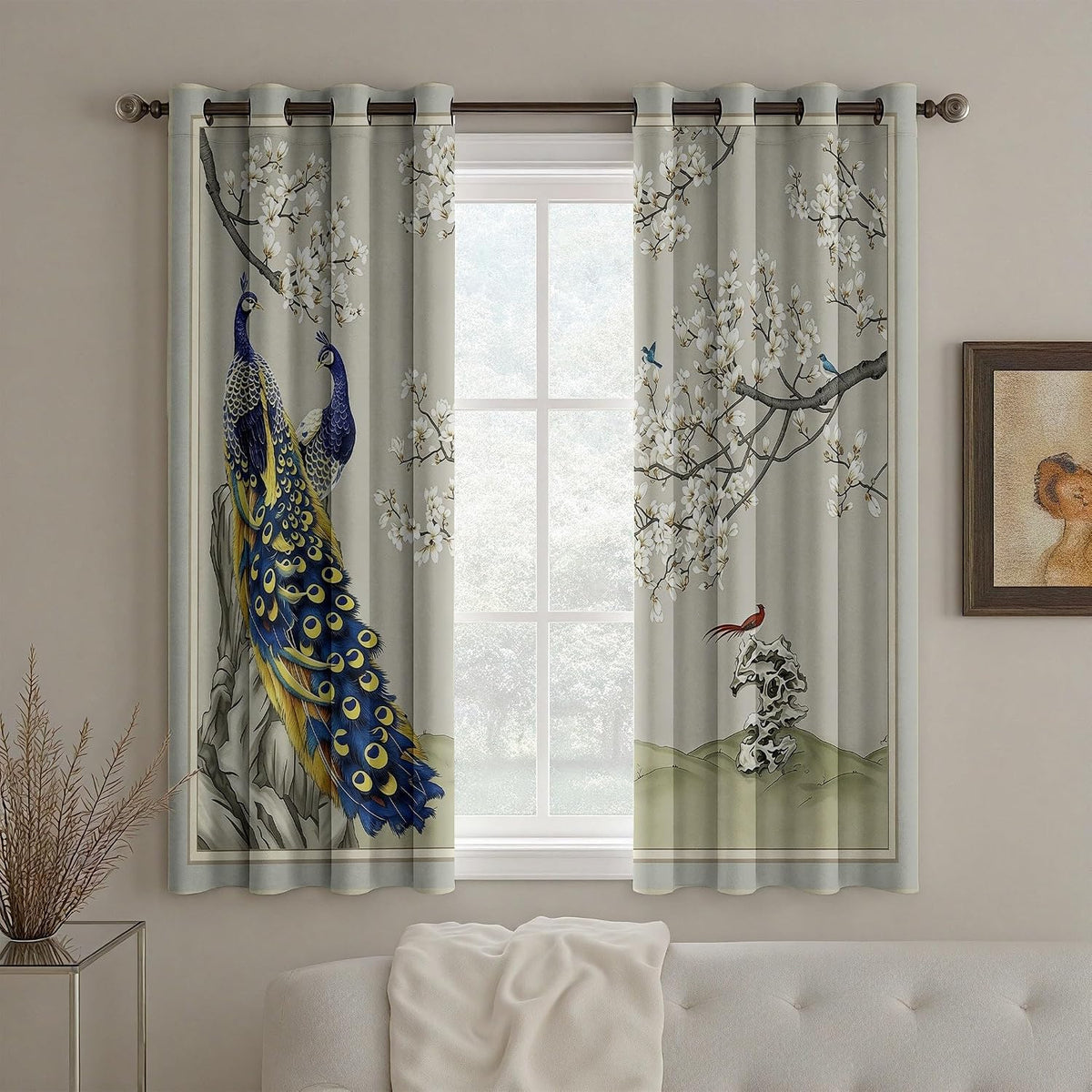 Peacock Curtains 96 Inches Long, Oriental Floral Animal Blackout Curtain