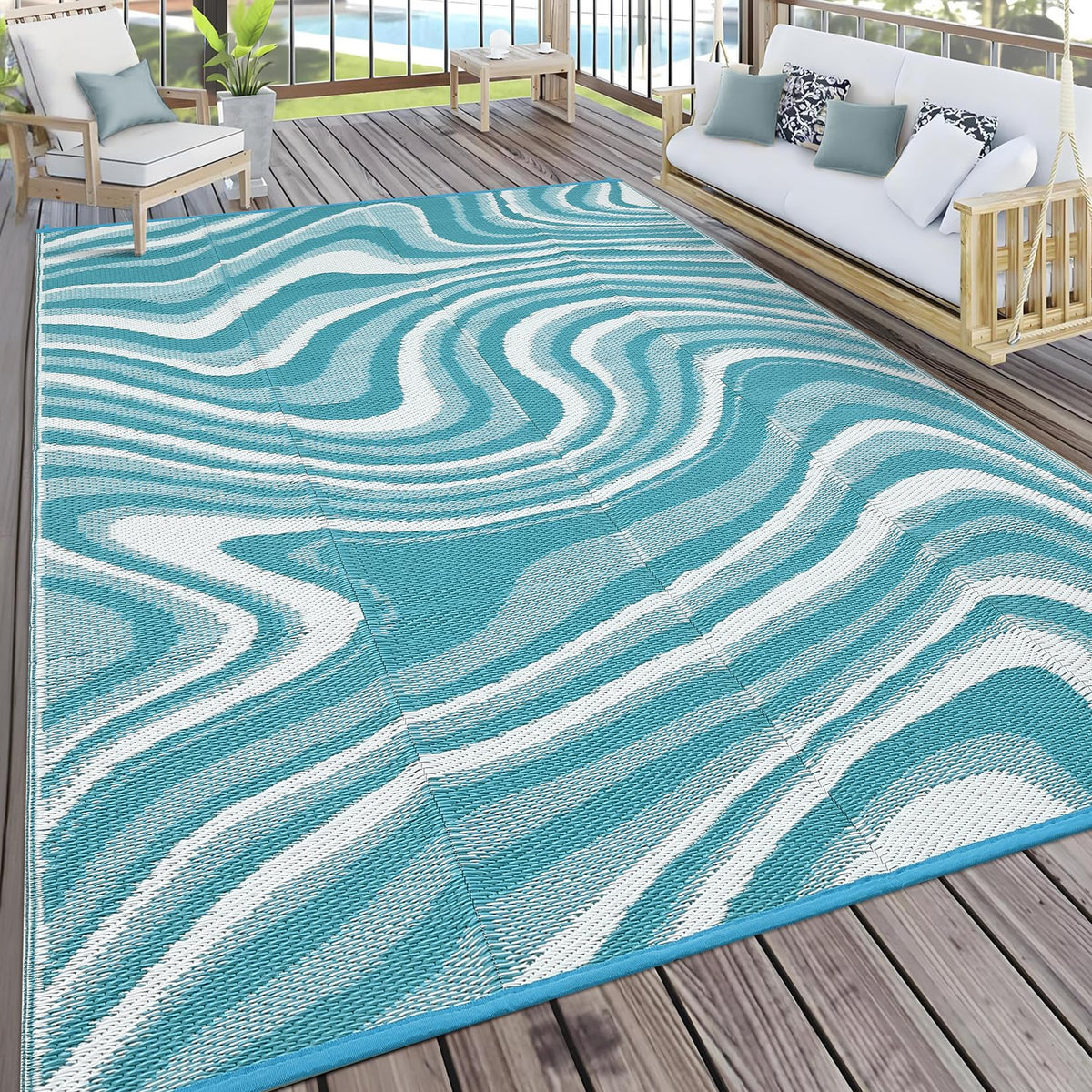Garvee 5x8 Outdoor Rug Waterproof Modern Plastic Straw Rugs, Black Grey