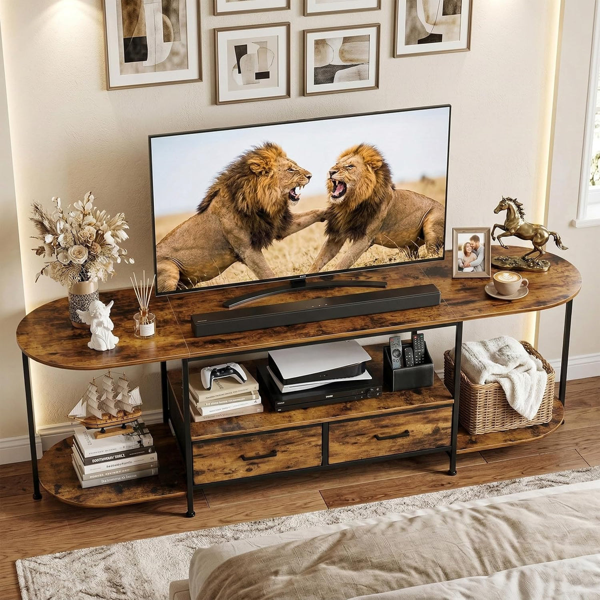 Faesun 63" TV Stand for TVs up to 75 Inches, Curved Edge Media Console & Entertainment Center with 2 Fabric Drawers, Modern TV Console Table for Living Room or Bedroom, Rustic Brown