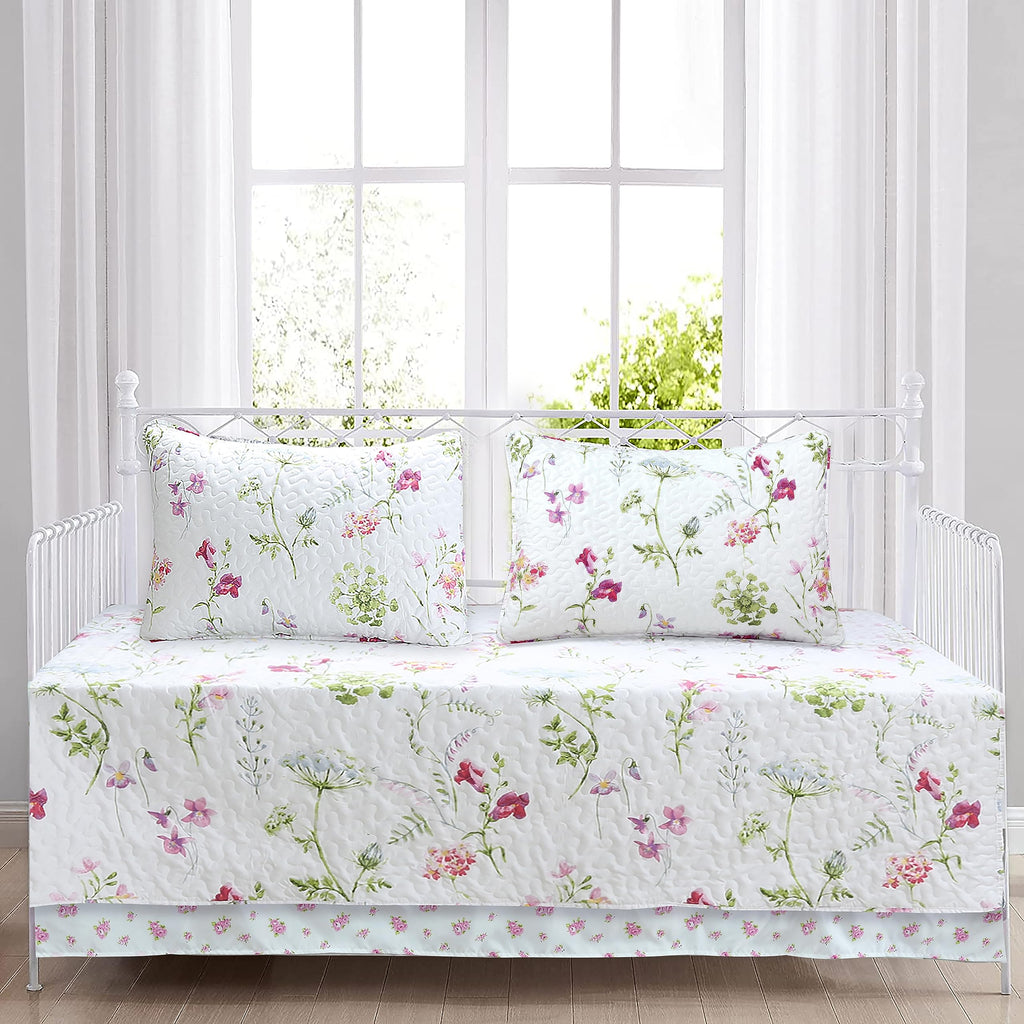 Cozy Line Home Fashions Light Pink Blue Flower Bloom Floral Garden Reversible Quilt Bedding Set, Coverlet Bedspread Lightweight for All Seasons (Carlotta, King - 6 Piece)