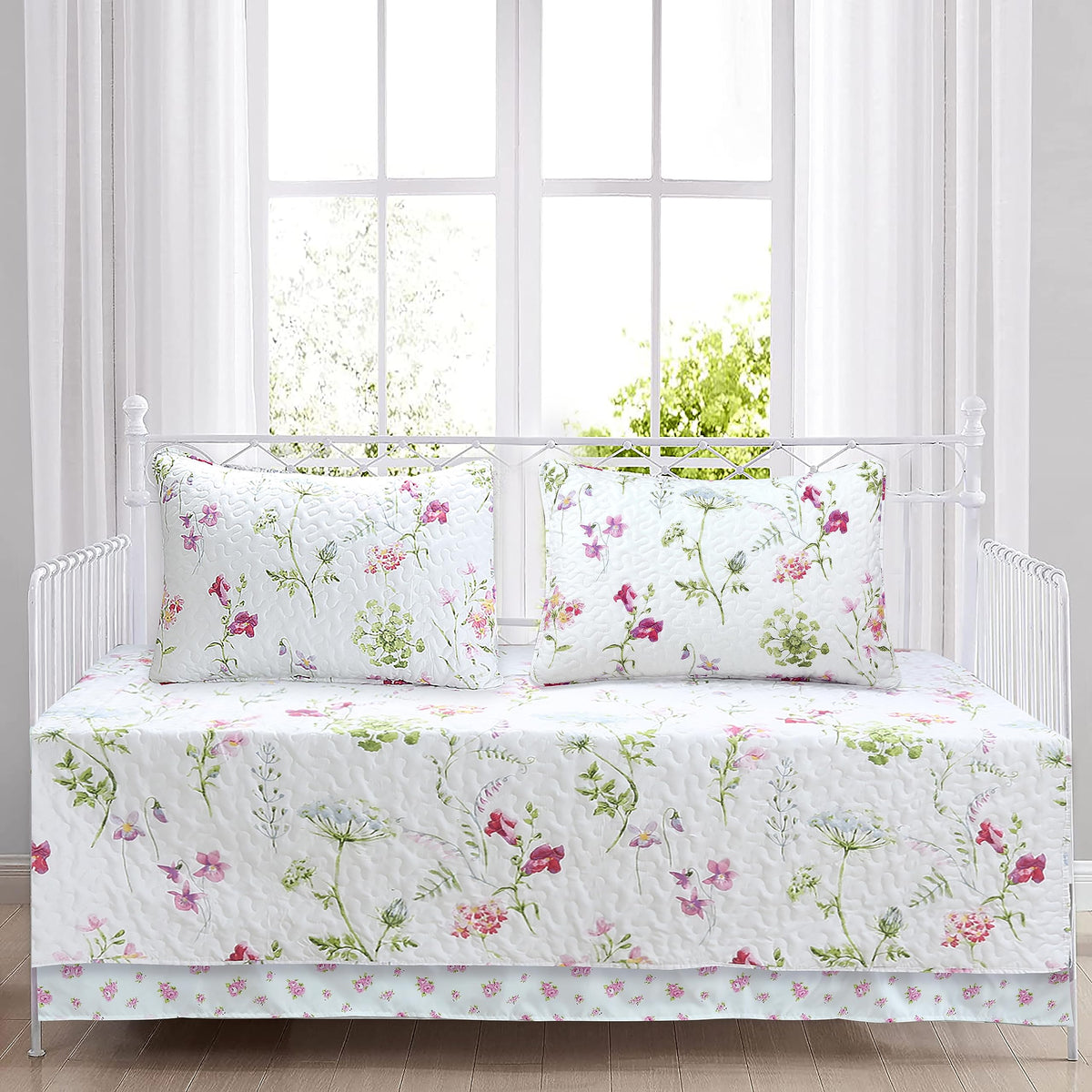 Cozy Line Home Fashions Light Pink Blue Flower Bloom Floral Garden Reversible Quilt Bedding Set, Coverlet Bedspread Lightweight for All Seasons (Carlotta, King - 6 Piece)