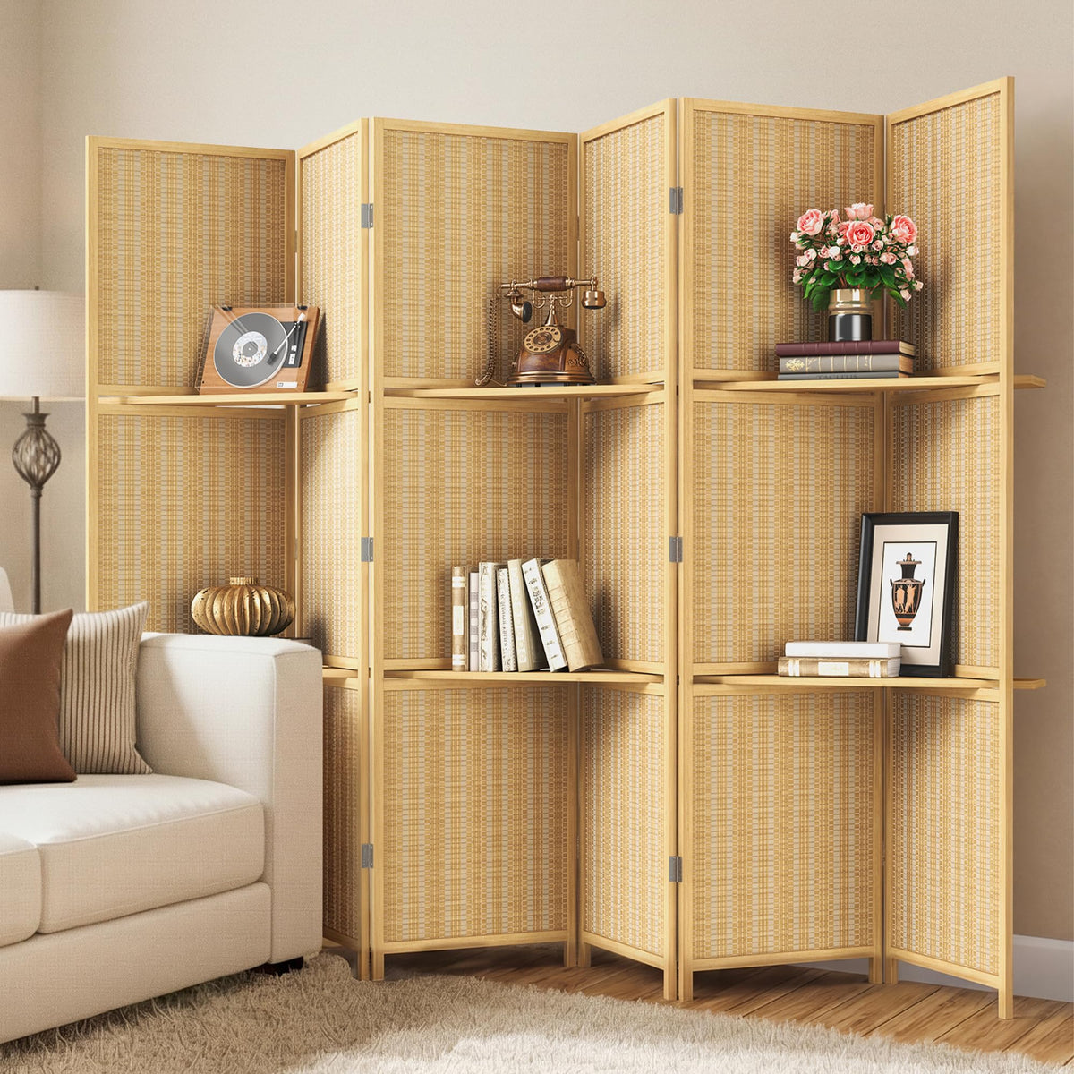 JOSTYLE 6 Panel Folding Privacy Screen 6ft Bamboo Freestanding Room Divider