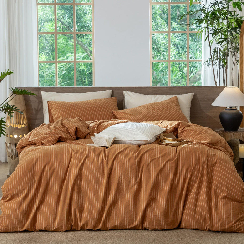 MooMee Striped Duvet Cover Set 100% Washed Cotton Linen Like Queen