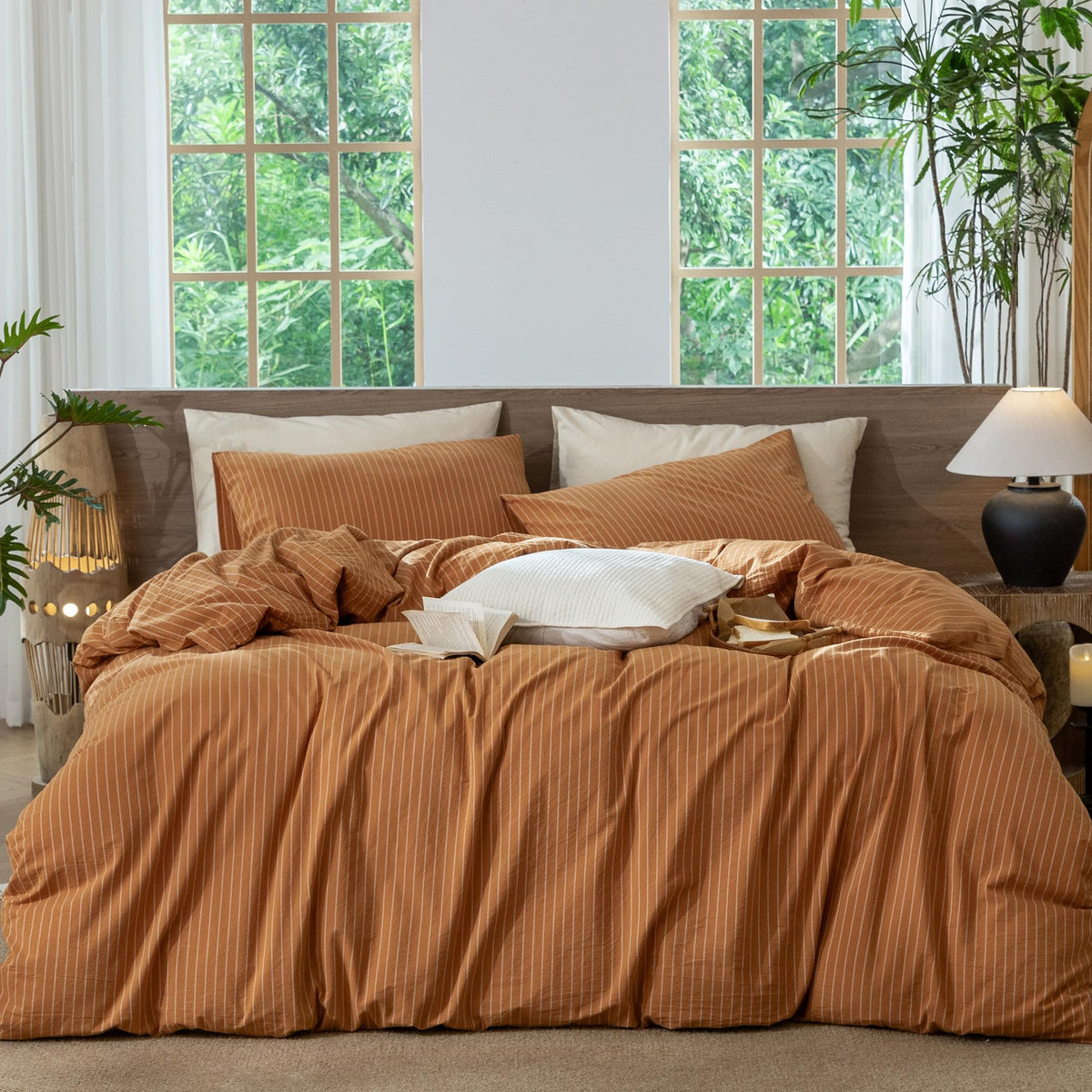 MooMee Striped Duvet Cover Set 100% Washed Cotton Linen Like Queen