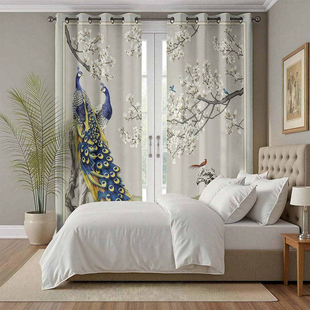 Peacock Curtains 96 Inches Long, Oriental Floral Animal Blackout Curtain