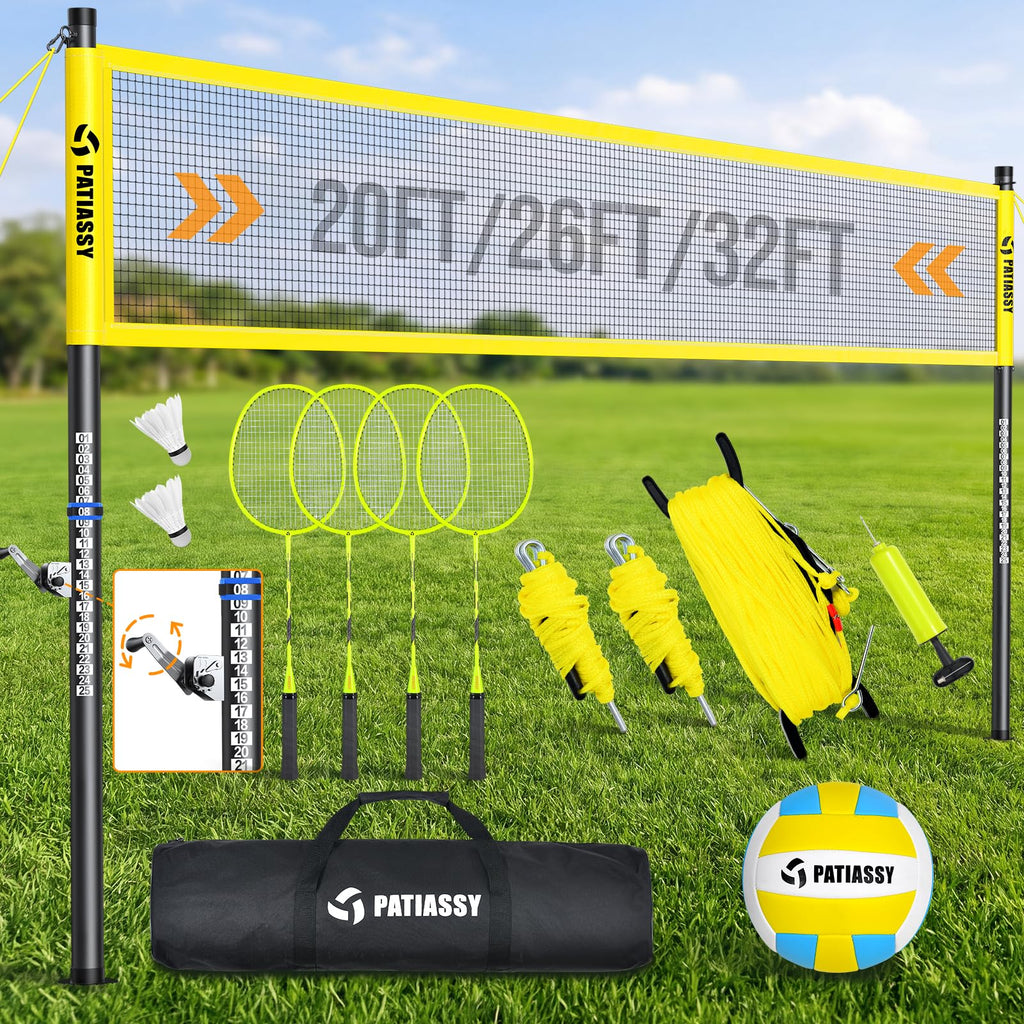 Portable Volleyball Net Set for Backyard, Adjustable Width (32/26/20FT) & Height, Anti-Sag Tension Design for Outdoor Stability, PU Volleyball with Pump, Carry Bag