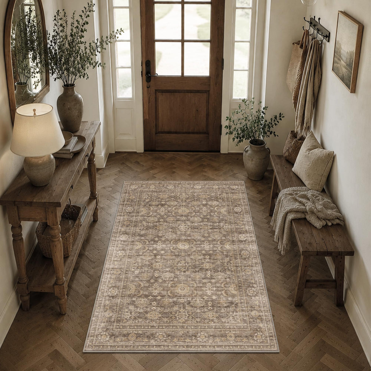 JOOJA 8x10 Dark Brown Vintage Soft Low Pile Non Slip Boho Washable Area Rug