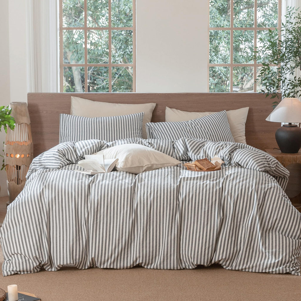 MooMee Striped Duvet Cover Set 100% Washed Cotton Linen Like Queen