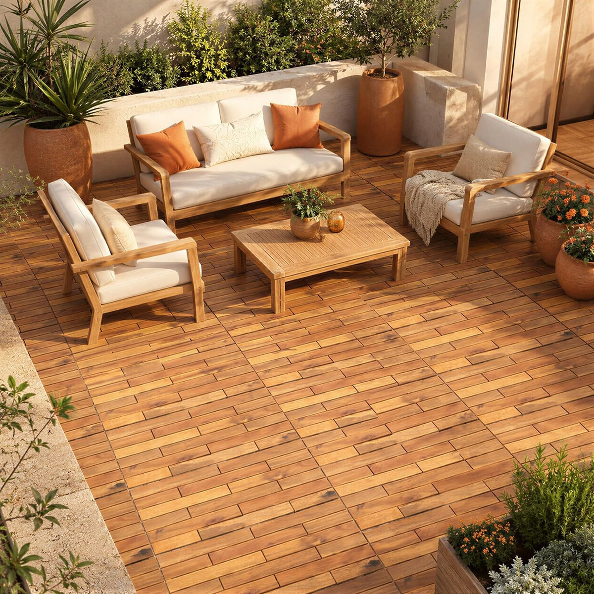 Goplus 12-Pack Acacia Wood Interlocking Deck Tiles (12 PCS,Brick)