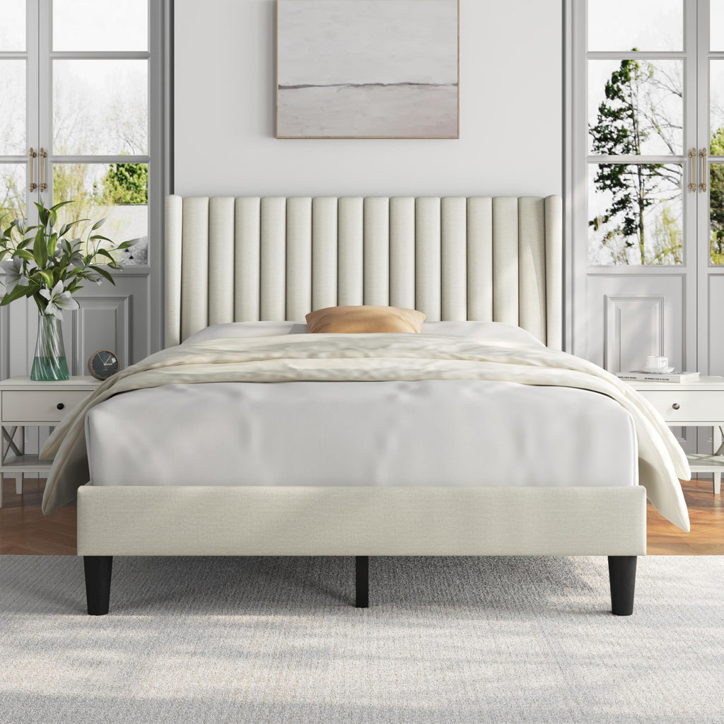 Yaheetech Queen Bed Frame with Headboard, Ivory Channel-Tufted Platform