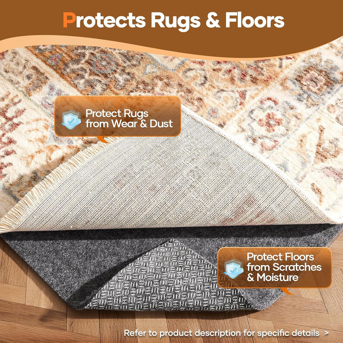 Veken Non Slip Cushioned Rug Pad Gripper, Felt and Silicone Backing, 9 x 12 Ft, 1/4 inch Thick Carpet Liner Protector Mat for Area Rugs and Hardwood Floors, with Over 99 Pcs Anti-Slip Strips Pattern