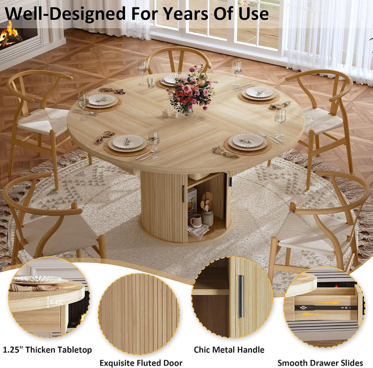 HUAHUU 47.2" Round Dining Table for 4-6, Modern Kitchen Table with 4 Drawers and 2-Tier Storage Shelf, Wooden Circle Dining Tables with Fluted Base & Sliding Door for Home Kitchen Living Room, Natural