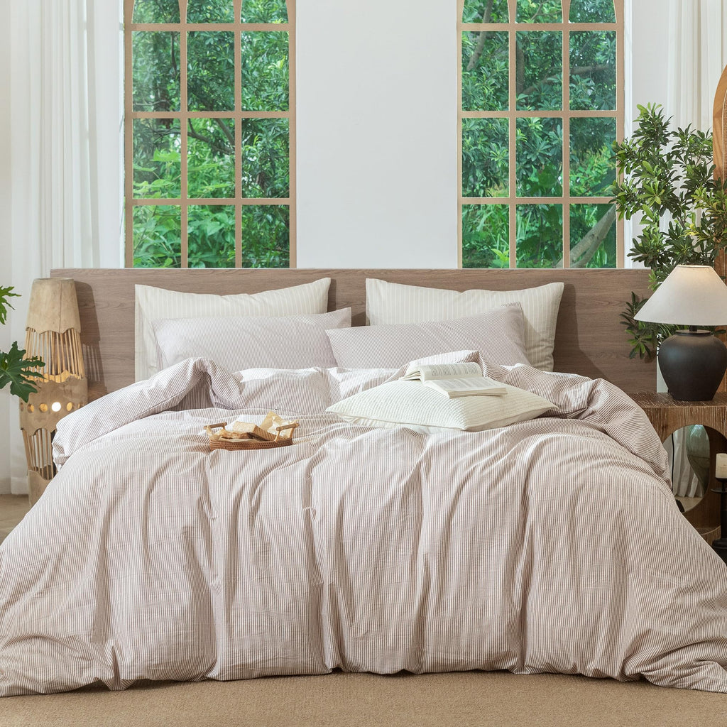 MooMee Striped Duvet Cover Set 100% Washed Cotton Linen Like Queen