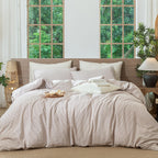 MooMee Striped Duvet Cover Set 100% Washed Cotton Linen Like Queen