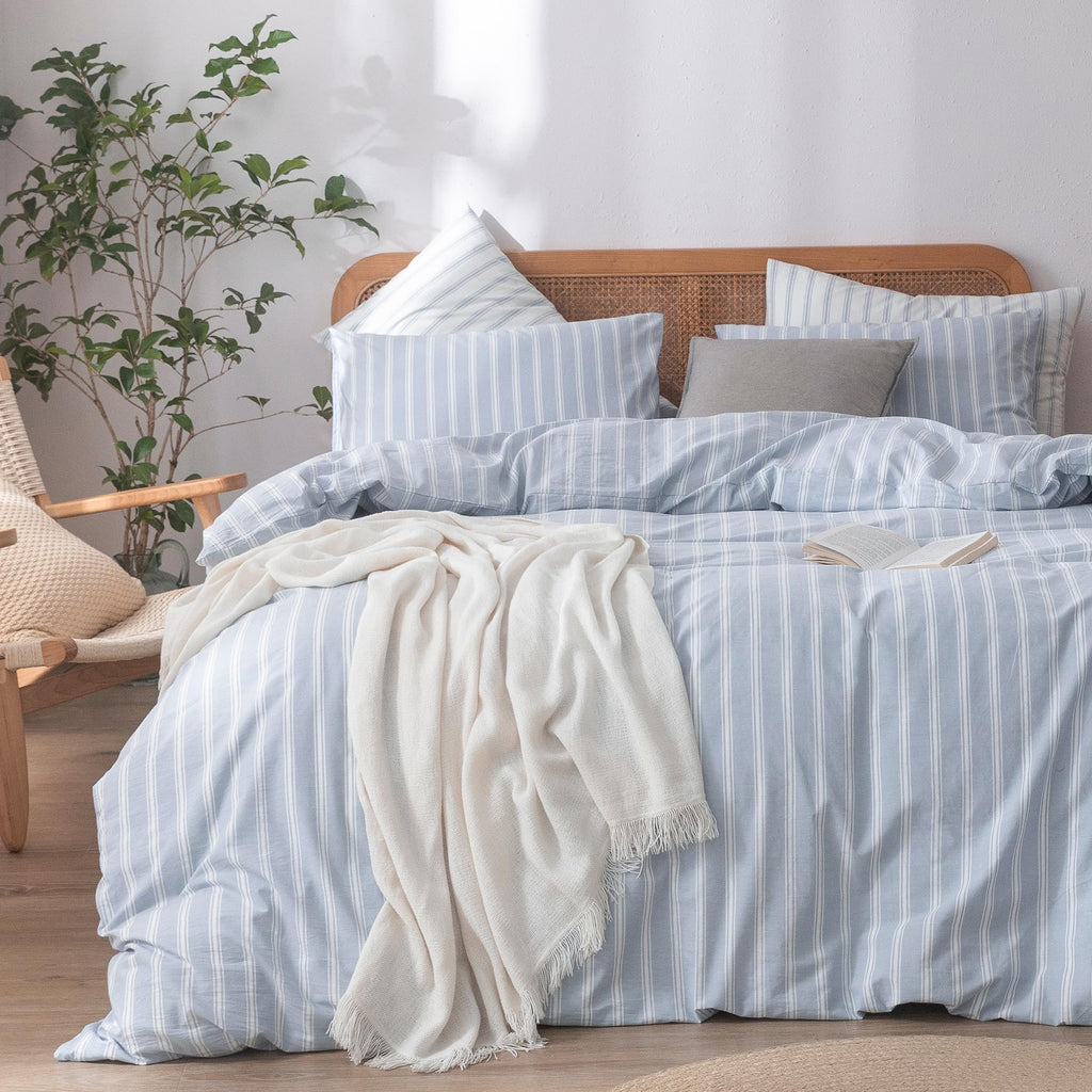 BESTOUCH Cotton Solid Duvet Cover Set Linen Feel Cornflower Blue Queen