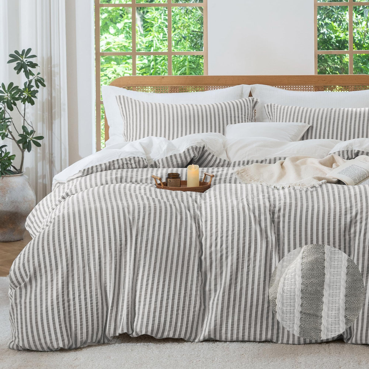 MILDLY Jacquard Striped Duvet Cover Set 3pcs Dual Zipper Pink Queen