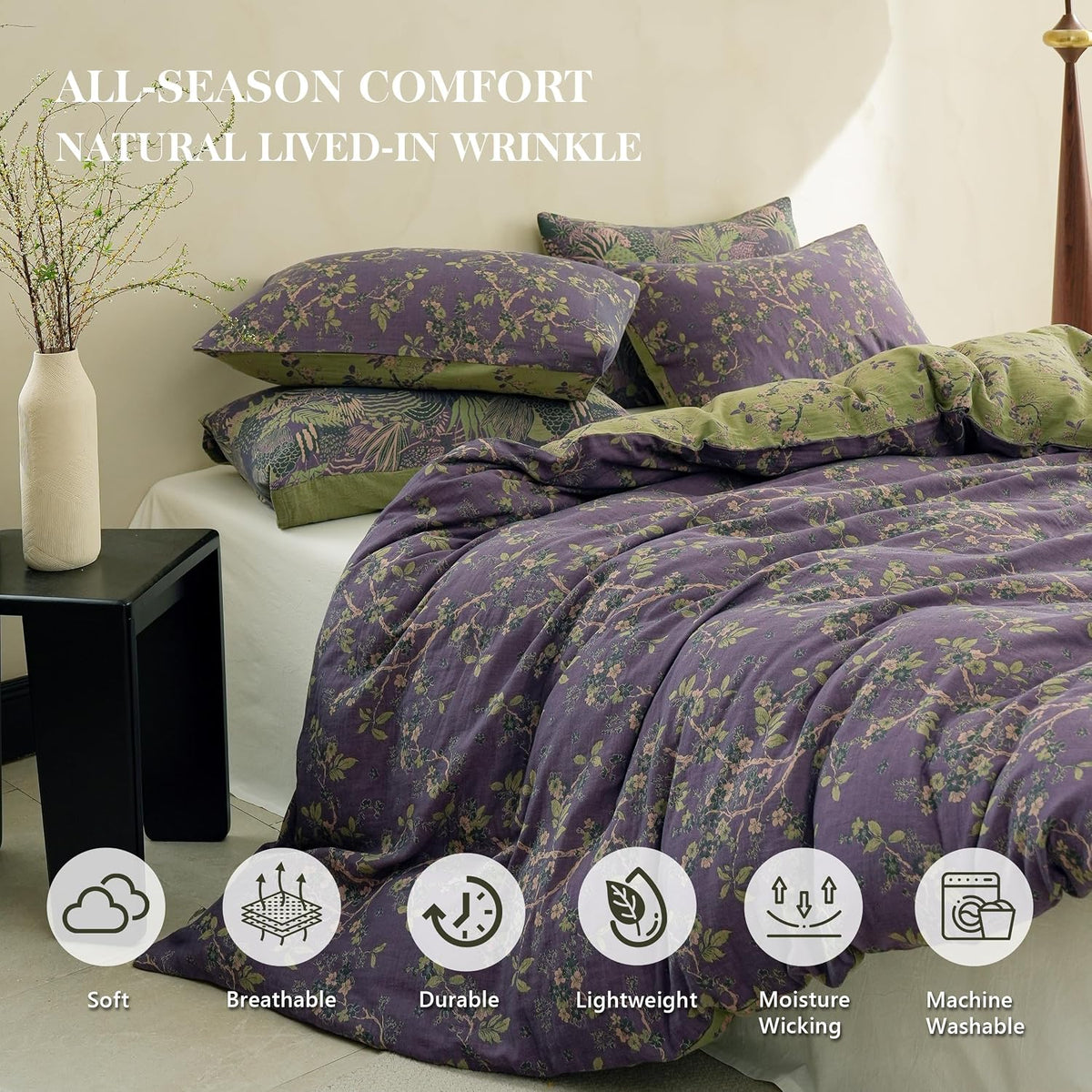 Simple&Opulence Muslin Duvet Cover Set King Size, 100% Washed Cotton 3 Pieces Yarn-Dyed Vintage Purple Floral Jacquard Textured Bedding, Soft & Breathable Gauze Comforter Cover with Zipper Closure