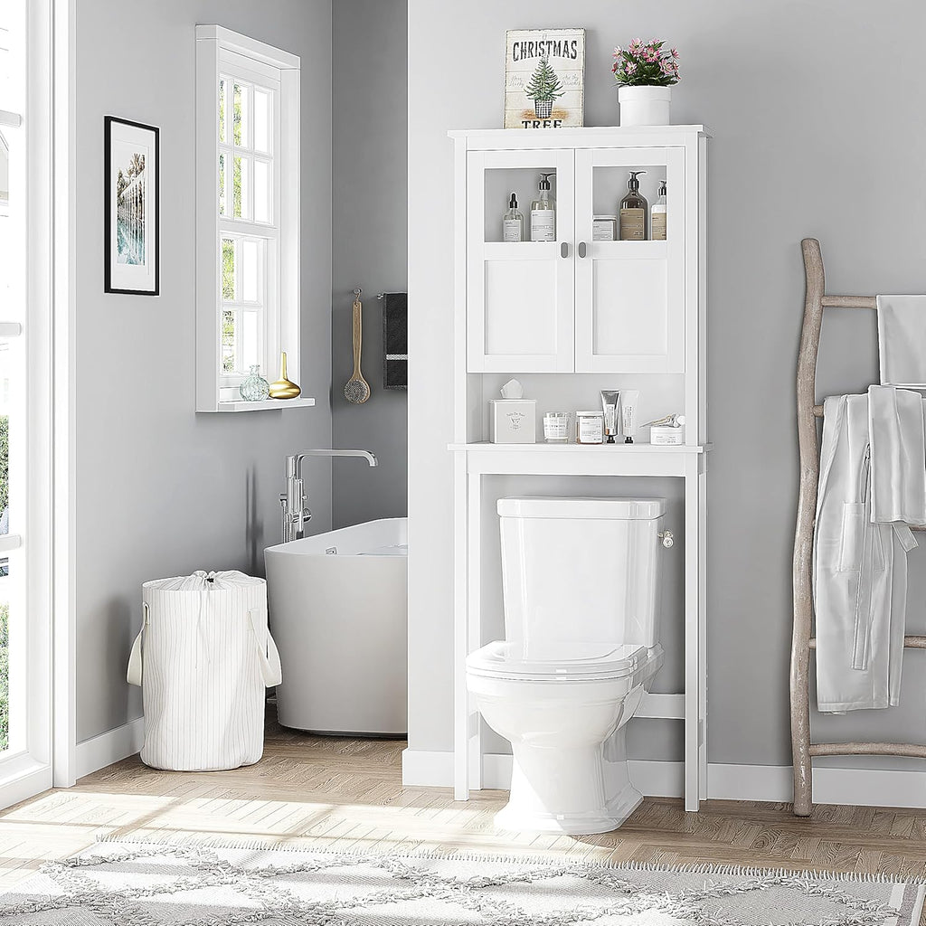Spirich Bathroom Over the Toilet Storage Cabinet with Glass Doors, White
