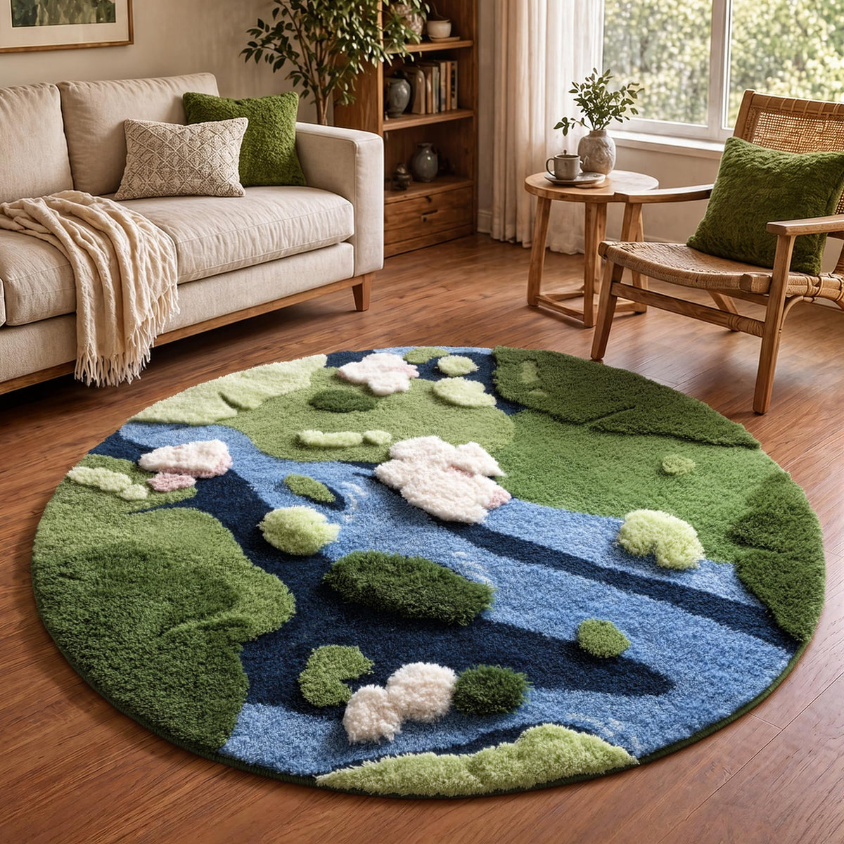 YIHOUSE 4ft Moss Round Area Rug 3D Cute Green Grass Rugs for Bedroom Machine Washable Non-Slip Boho Circle Rug Soft Fluffy Carpet for Living Room Bathroom Nursery Room, Pond